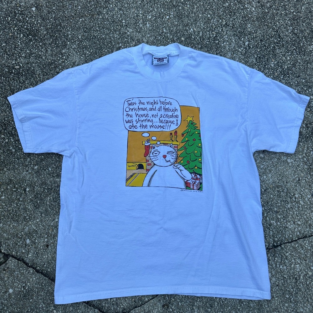 Vintage 1997 Lee Jerry D Long Christmas Cat T-Shirt XL White Made in USA Funny